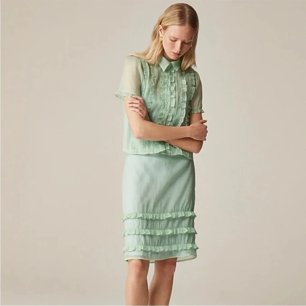 J Crew Skirt 8 Sheer Crinkled Ruffle-Trim Slip Green - Picture 12 of 12